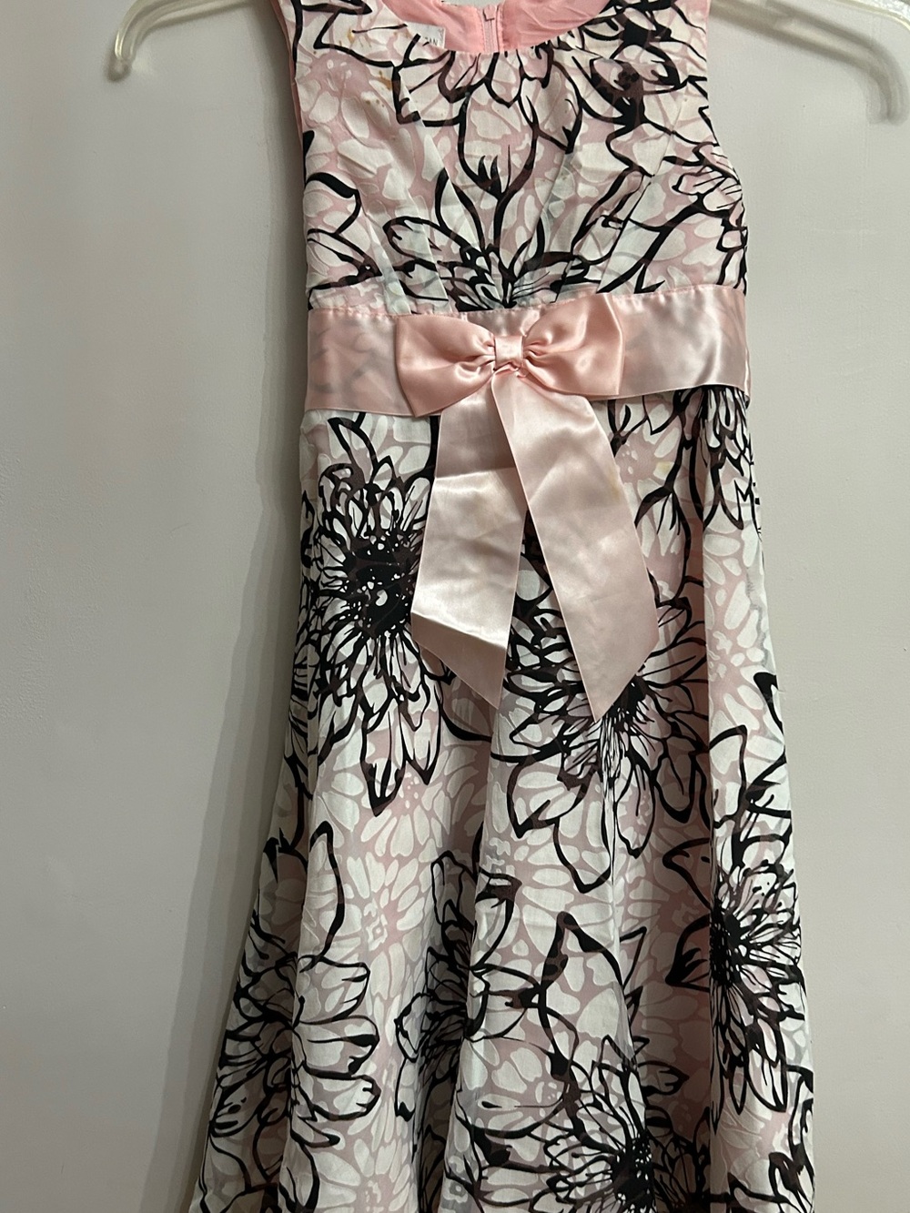 Bonnie Jean Pink and Black Floral Satin-Bow Dress